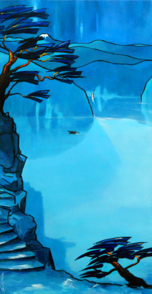 Painting titled "Tokyo, bleu triptyq…" by Guy Terrier, Original Artwork, Acrylic