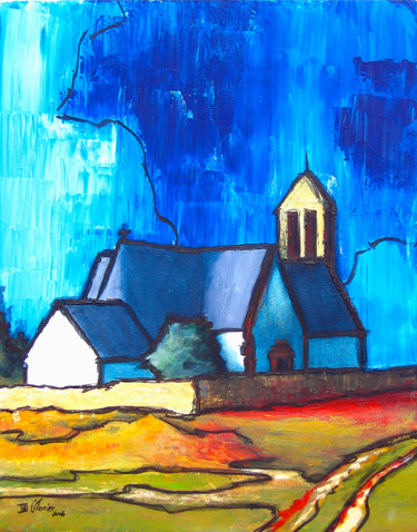 Painting titled "L'Eglise d'Hoedic" by Guy Terrier, Original Artwork, Acrylic