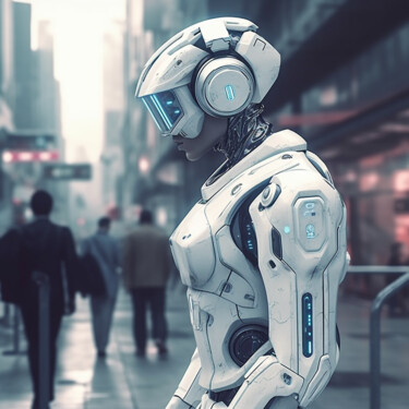 Digitale Kunst mit dem Titel "Robot in Streets 4" von Guze, Original-Kunstwerk, KI-generiertes Bild