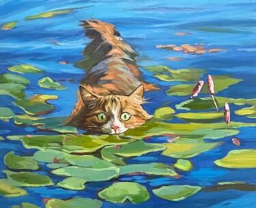 Painting titled "Water Cat" by Guzel Min, Original Artwork, Oil Mounted on Wood Stretcher frame