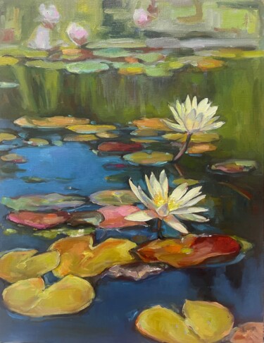 Malerei mit dem Titel "Water lilies" von Guzel Min, Original-Kunstwerk, Öl Auf Holzplatte montiert