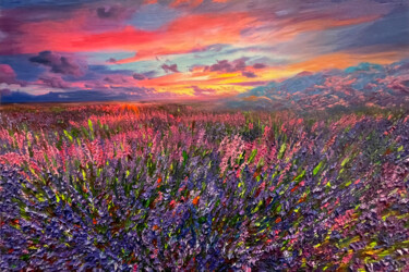 Schilderij getiteld "Lavender Hill" door Kenneth Halvorsen, Origineel Kunstwerk, Olie Gemonteerd op Frame voor houten branca…