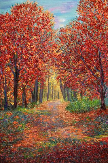 Painting titled "Autumnal Stroll" by Kenneth Halvorsen, Original Artwork, Oil Mounted on Wood Stretcher frame