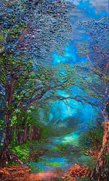 Painting titled "Mysterious Forest" by Kenneth Halvorsen, Original Artwork, Oil Mounted on Wood Stretcher frame