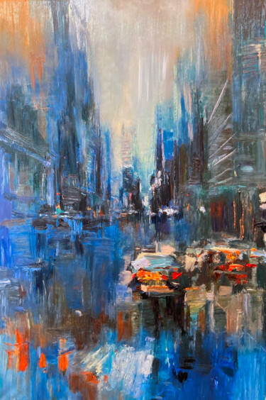 Painting titled "Rush Hour" by Kenneth Halvorsen, Original Artwork, Oil Mounted on Wood Stretcher frame
