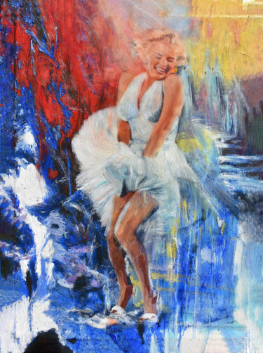 Painting titled "Red Blue And Blonde" by Kenneth Halvorsen, Original Artwork, Oil Mounted on Wood Stretcher frame