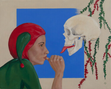 Painting titled "Joker & skull" by Danielle Hameleers, Original Artwork, Oil Mounted on Wood Stretcher frame