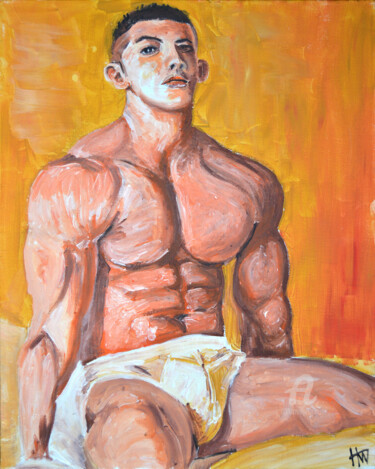 Painting titled "Muscle Boy" by Hank Wandle, Original Artwork, Acrylic Mounted on Cardboard