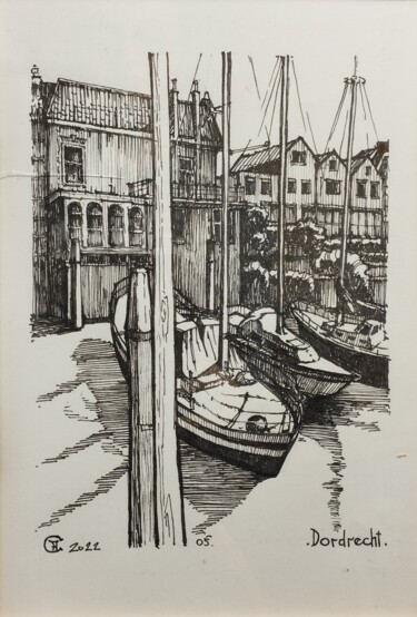 Rysunek zatytułowany „Dordrecht. Boats.” autorstwa Hanna Chervonna, Oryginalna praca, Marker
