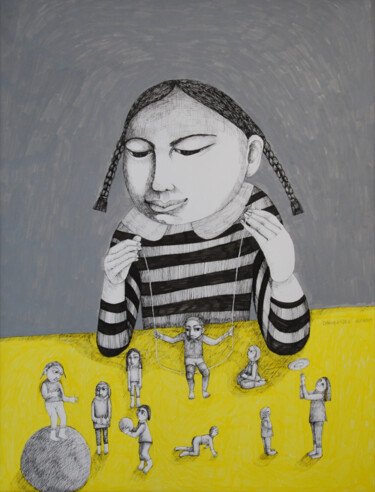 Painting titled "Fillette et petits…" by Hanna Chroboczek, Original Artwork, Ink