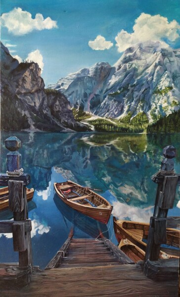 Pittura intitolato "Lake Braies in the…" da Hanna Melekhavets, Opera d'arte originale, Olio Montato su Telaio per barella in…