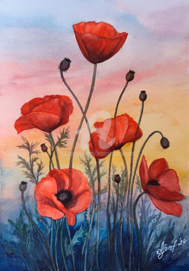 Painting titled "Poppies" by Hanna Samoilenko, Original Artwork, Watercolor