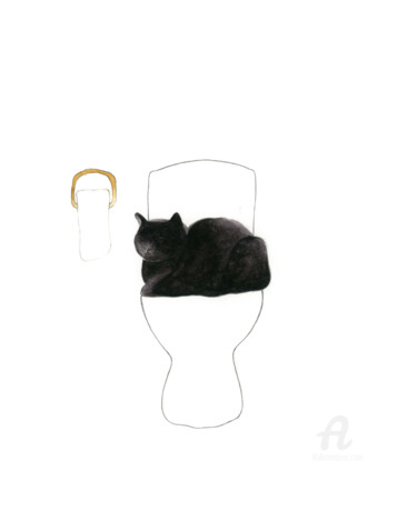 Ζωγραφική με τίτλο "Cat on Toilet" από Hannah Crouch, Αυθεντικά έργα τέχνης, Ακουαρέλα