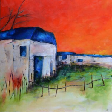 Schilderij getiteld "Red sky" door Hanneke Pereboom, Origineel Kunstwerk, Olie Gemonteerd op Frame voor houten brancard