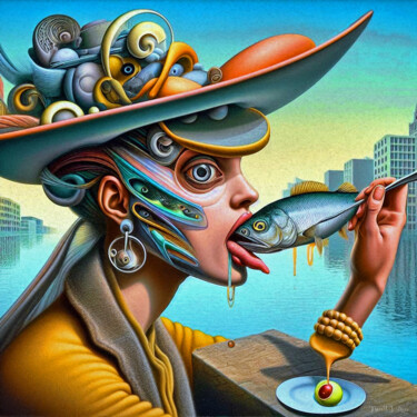 Arte digital titulada "Dame mit Fisch Part…" por Harald Laier, Obra de arte original, Imagen generada por IA