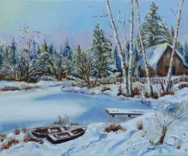 Painting titled "Un hiver au bord du…" by H. Oriaut, Original Artwork, Oil Mounted on Wood Stretcher frame