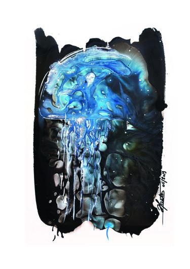 Peinture intitulée "meduse-bleu-eau-mer…" par Stéphane Hauton (O), Œuvre d'art originale, Aquarelle