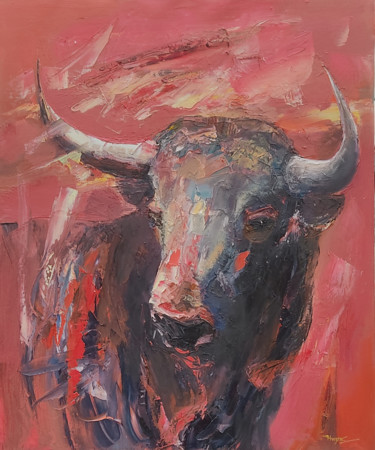 Schilderij getiteld "Red Bull (50x60cm o…" door Hayk Miqayelyan, Origineel Kunstwerk, Olie Gemonteerd op Frame voor houten b…