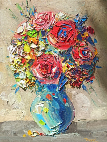 Peinture intitulée "Roses in vase (30x4…" par Hayk Miqayelyan, Œuvre d'art originale, Huile Monté sur Châssis en bois