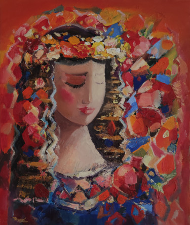 Malarstwo zatytułowany „Girl with pomegrana…” autorstwa Hayk Miqayelyan, Oryginalna praca, Olej Zamontowany na Drewniana ram…