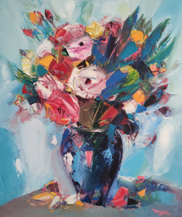 Painting titled "Colorful roses-2 (6…" by Hayk Miqayelyan, Original Artwork, Oil Mounted on Wood Stretcher frame