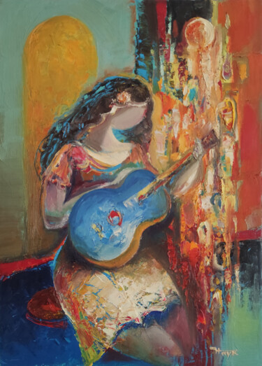 Painting titled "Guitarist(30x40cm,…" by Hayk Miqayelyan, Original Artwork, Oil Mounted on Wood Stretcher frame