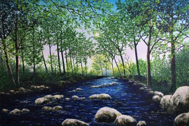 Painting titled "Secret Forest River" by Hazel Thomson, Original Artwork, Oil Mounted on Wood Stretcher frame