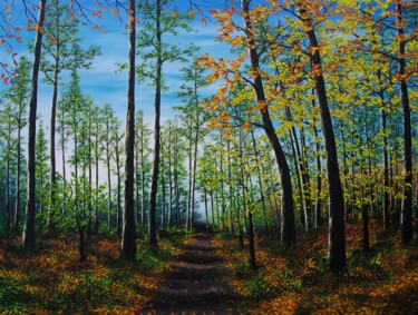 Painting titled "Late Forest Walk" by Hazel Thomson, Original Artwork, Oil Mounted on Wood Stretcher frame