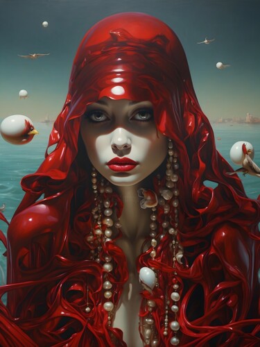Digital Arts titled "Crimson Veil" by Hazel, Original Artwork, Digital Painting