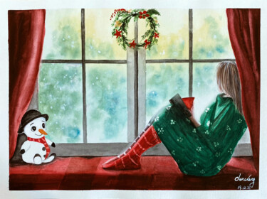 Painting titled "Snowman & His Lady" by Cheng Chen, Original Artwork, Watercolor