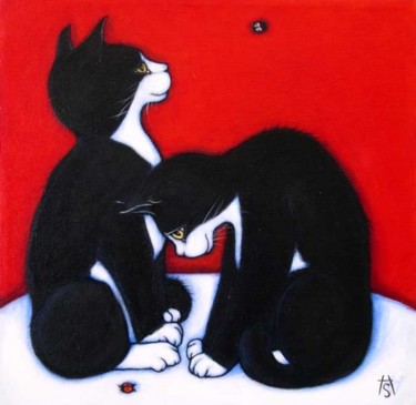 Ζωγραφική με τίτλο "2 Tuxedo Cats and L…" από Heidi Shaulis, Αυθεντικά έργα τέχνης
