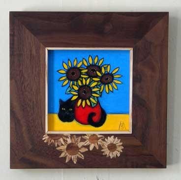 Картина под названием "Black Cat and Sunfl…" - Heidi Shaulis, Подлинное произведение искусства