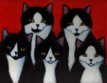 Ζωγραφική με τίτλο "5 Tuxedo Cats" από Heidi Shaulis, Αυθεντικά έργα τέχνης