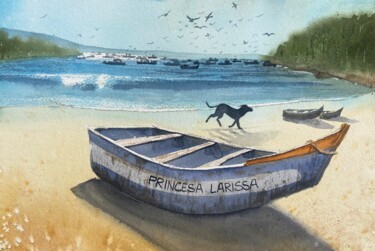 Schilderij getiteld "Fischerboote am Str…" door Heike Cardoso, Origineel Kunstwerk, Aquarel