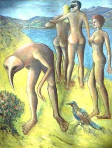 Pintura intitulada "Bird-Man at the Bea…" por Heinz Sterzenbach, Obras de arte originais, Óleo