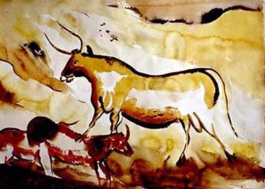 Schilderij getiteld "Big Bull with red C…" door Heinz Sterzenbach, Origineel Kunstwerk, Aquarel