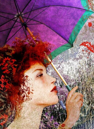 Digitale Kunst mit dem Titel "Femme au parapluie" von Hel Swynghedauw, Original-Kunstwerk, Collagen