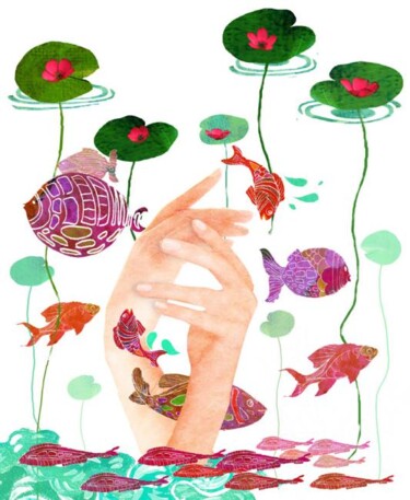 Digitale Kunst mit dem Titel "Jeux de poissons" von Hel Swynghedauw, Original-Kunstwerk, Collagen