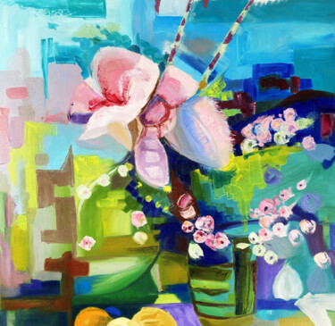Painting titled "Orchid Flower Oil P…" by Helen, Original Artwork, Oil Mounted on Wood Panel