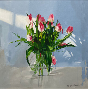 Malerei mit dem Titel "Tulips in glass vase" von Helen Sinfield, Original-Kunstwerk, Acryl