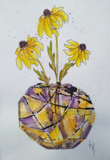 Pintura intitulada "Желтые цветы" por Helen Temchenko, Obras de arte originais, Aquarela