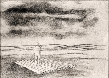 "A man on the raft" başlıklı Baskıresim Helena Kalná tarafından, Orijinal sanat, Oyma baskı 