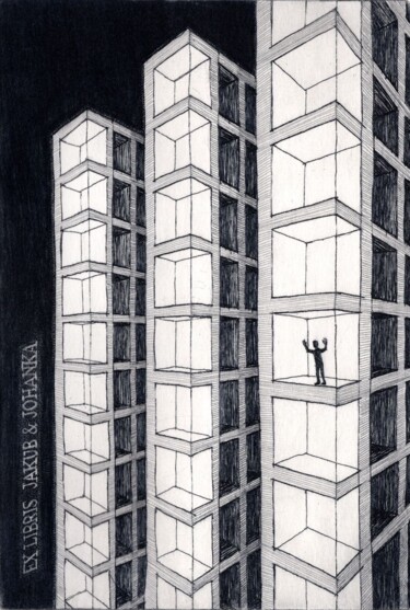 Printmaking titled "A man in a city" by Helena Kalná, Original Artwork, Etching