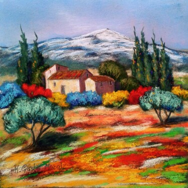 Painting titled "Les cyprès du Mont…" by Hélène Gastin-Mozol, Original Artwork, Pastel