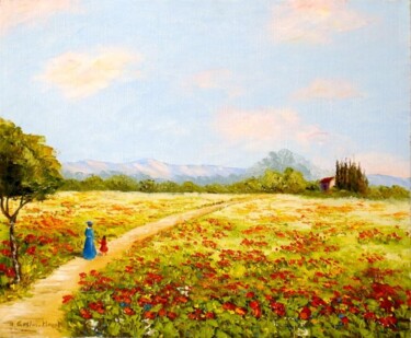Peinture intitulée "La plaine fleurie" par Hélène Gastin-Mozol, Œuvre d'art originale, Huile