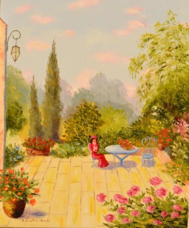 Painting titled "Repos au jardin" by Hélène Gastin-Mozol, Original Artwork, Oil