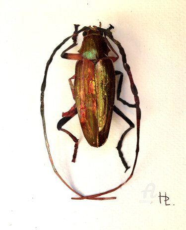 Sculpture titled "Cerambyx cerdo" by Hélène Lacquement, Original Artwork, Paper Mounted on Wood Panel