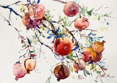 Painting titled "Pomegranates" by Helene Manoli, Original Artwork, Watercolor