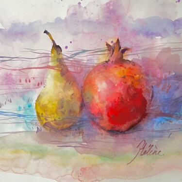 Painting titled "Pear and pomegranate" by Helene Manoli, Original Artwork, Watercolor