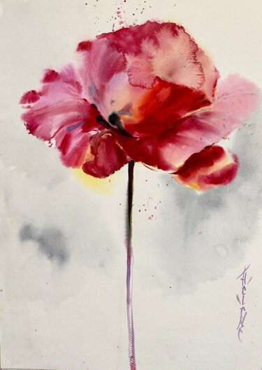 Painting titled "Poppy" by Helene Manoli, Original Artwork, Watercolor